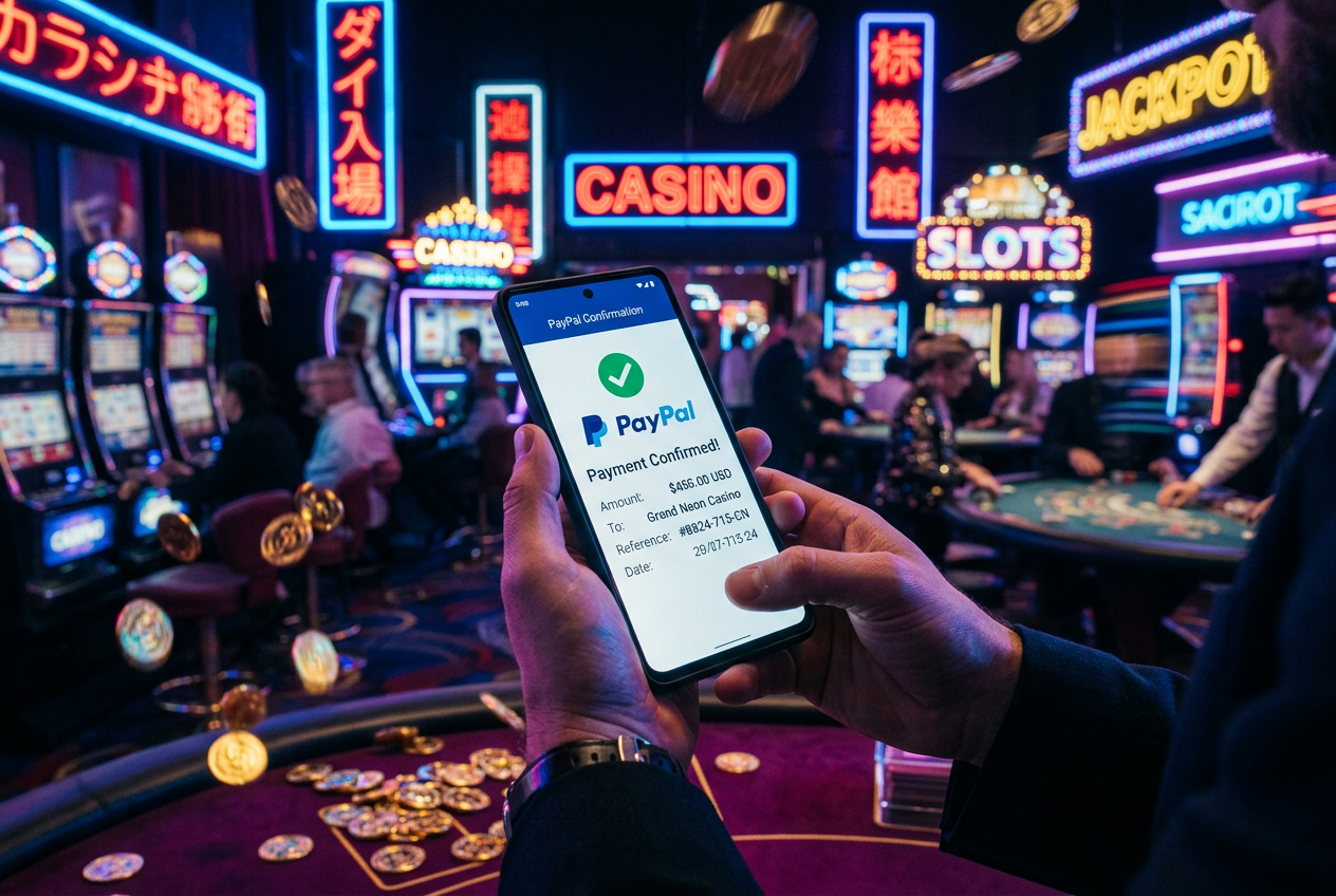 Moderní smartphone zobrazující PayPal platbu v luxusním online casinu