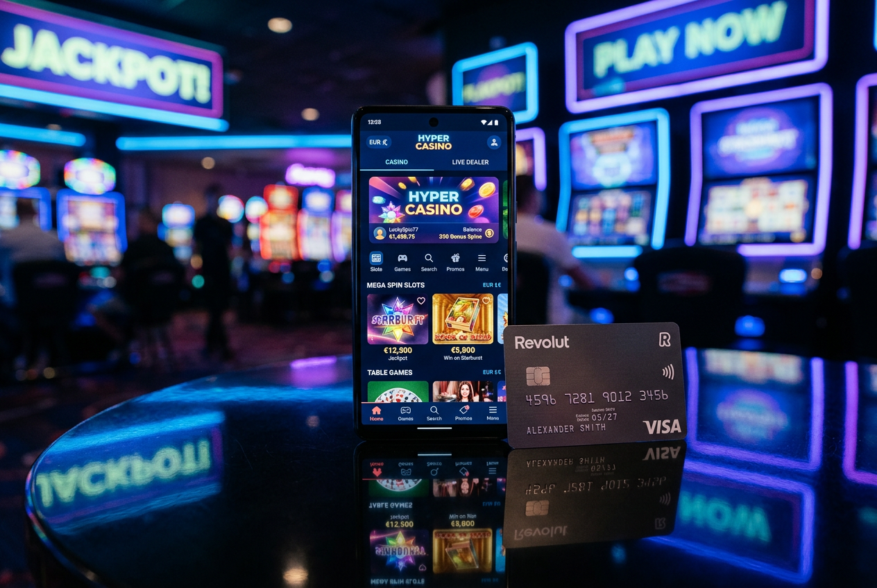 Mobilní aplikace Revolut a online kasino rozhraní na chytrém telefonu